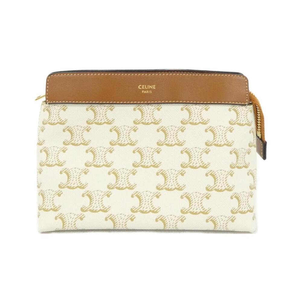 CELINE Travel Pouch Triomphe Canvas tan calfskin leather